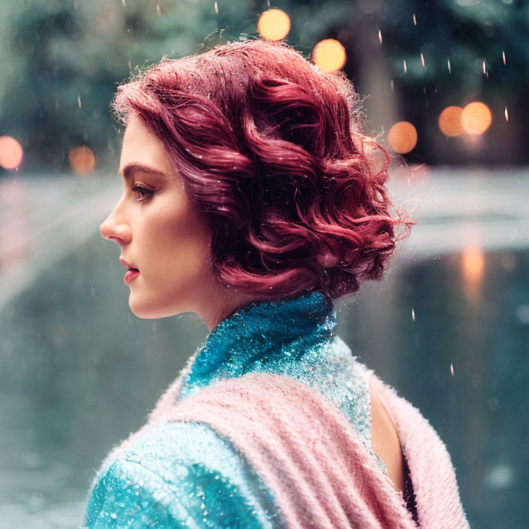 Pink-haired woman in elegant curls under pastel shawl with raindrops