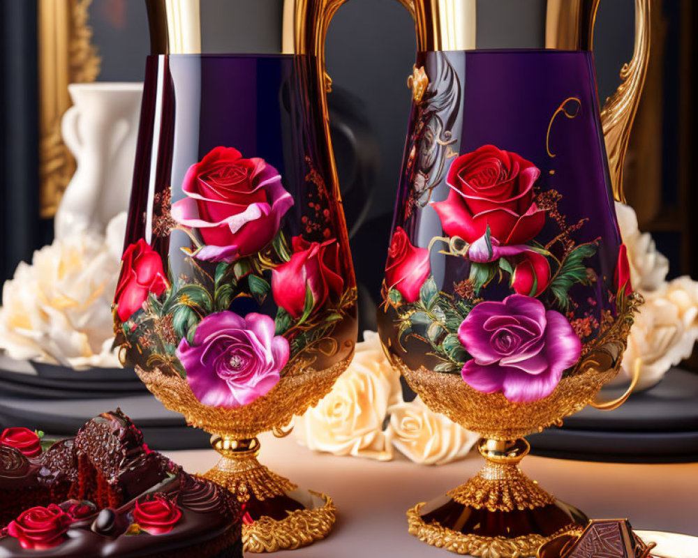 Elegant table setting with ornate wine glasses, rose designs, heart-shaped cake, and chocolates