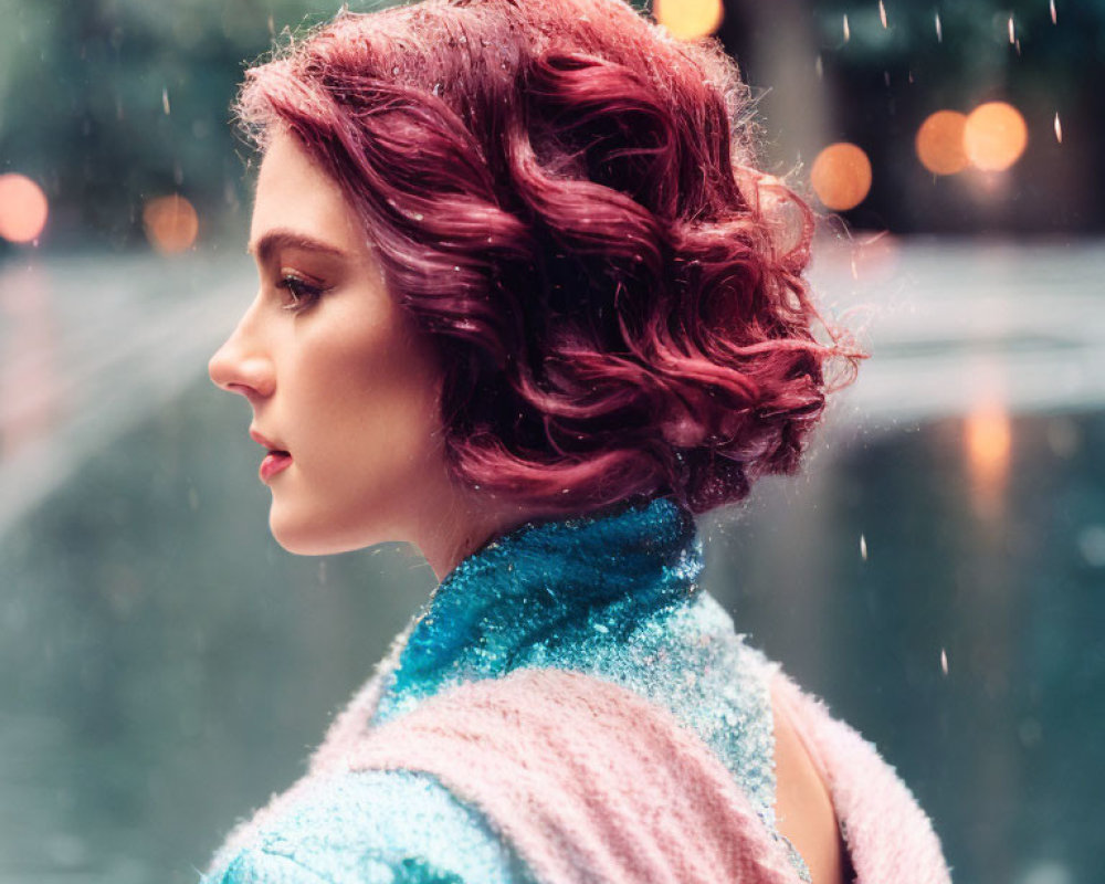 Pink-haired woman in elegant curls under pastel shawl with raindrops