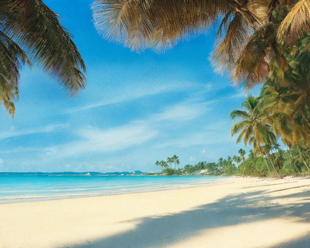 Golden sand beach with palm trees under clear blue sky