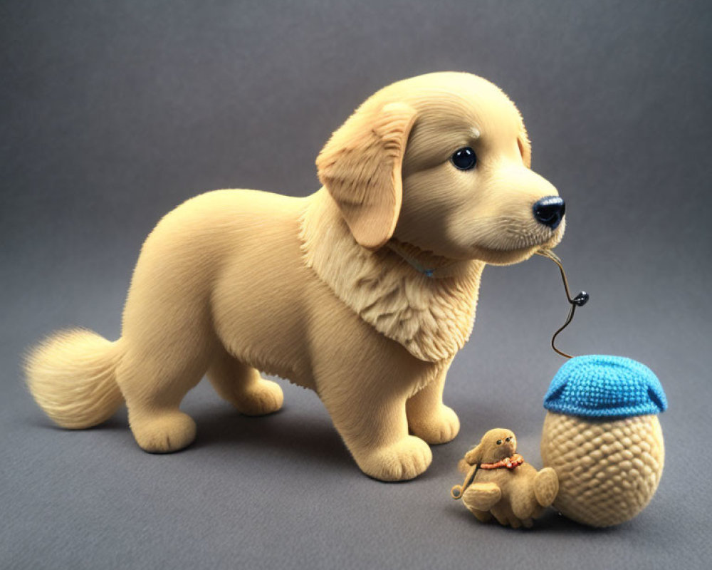 Realistic Golden Retriever Puppy Toy with Knitted Hat and Teddy Bear on Grey Background