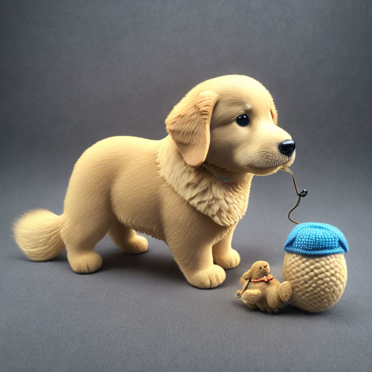 Realistic Golden Retriever Puppy Toy with Knitted Hat and Teddy Bear on Grey Background