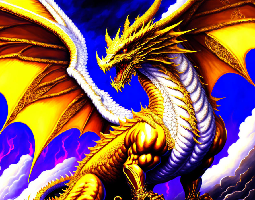 Golden dragon with outstretched wings in vibrant illustration