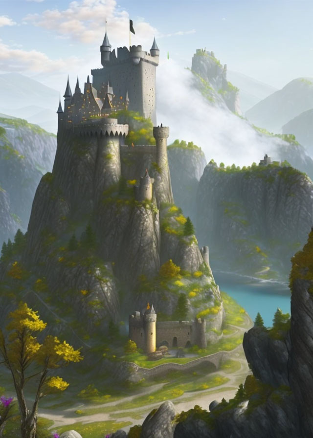 Majestic castle on steep rocky outcrop in lush green valley