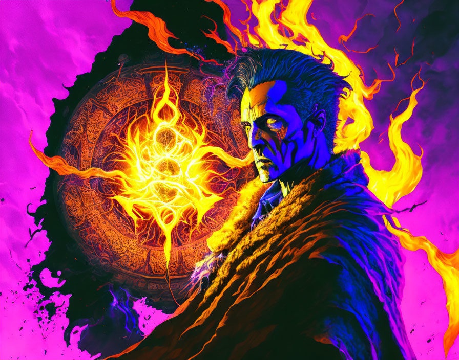 Mystical character with slicked-back hair in fiery scene