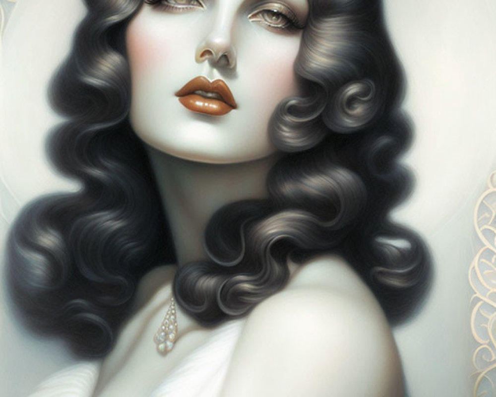 Portrait of Woman with Wavy Dark Hair and Red Lips in White Fur Garment