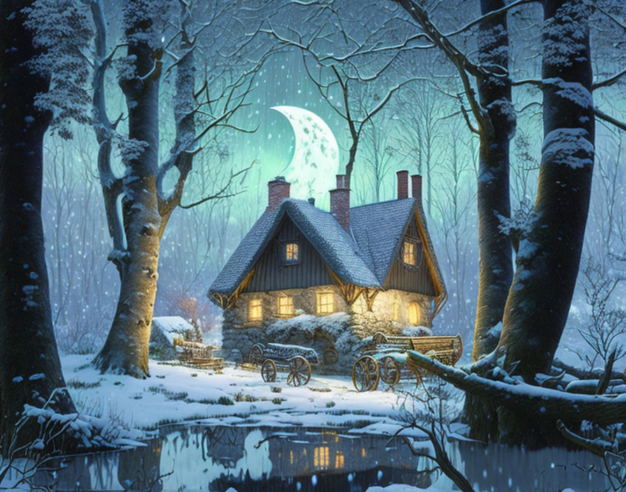 Snowy Forest Cottage at Night with Glowing Windows