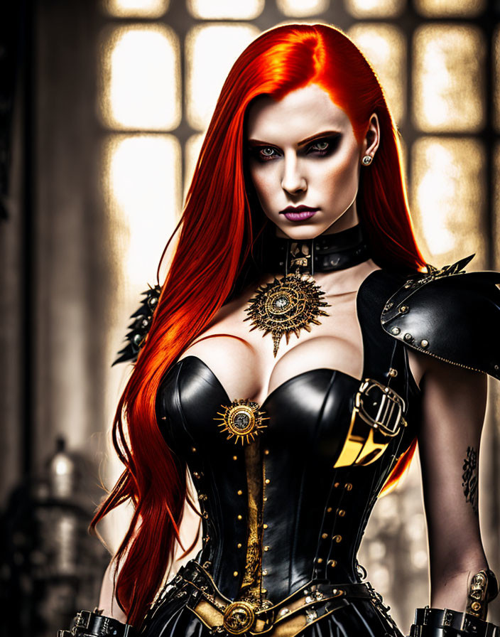 Vibrant red hair woman in gothic black and gold corset outfit