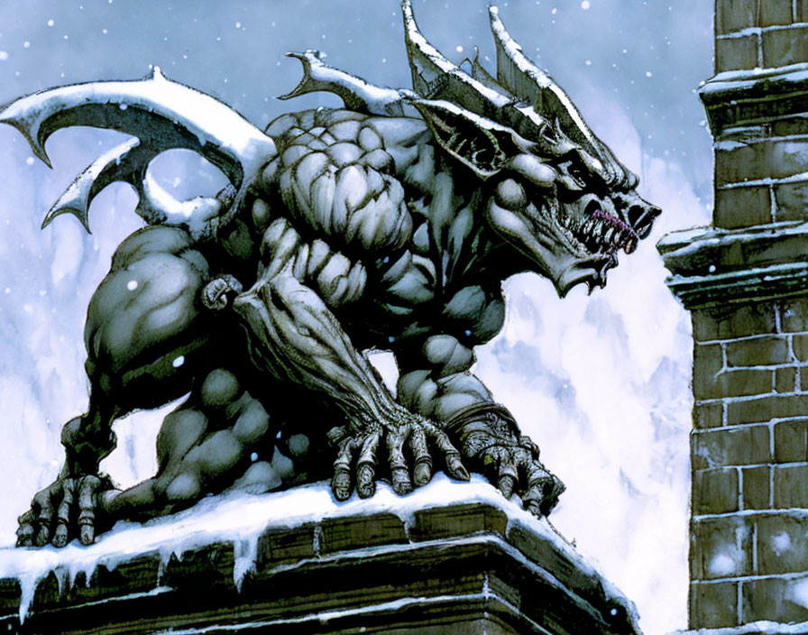 Muscular dragon with sharp spikes on snowy ledge in wintry scene