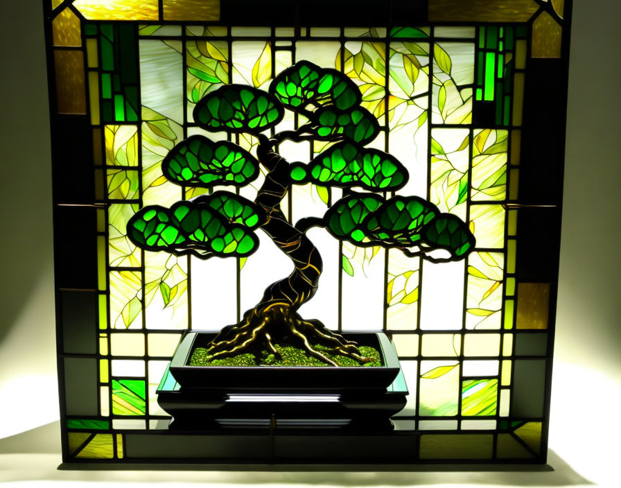 Colorful Stained Glass Artwork of Bonsai Tree