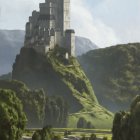 Majestic castle on steep rocky outcrop in lush green valley