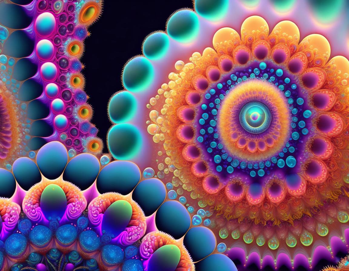 Colorful Fractal Image with Circular and Spherical Shapes in Blue, Orange, and Purple