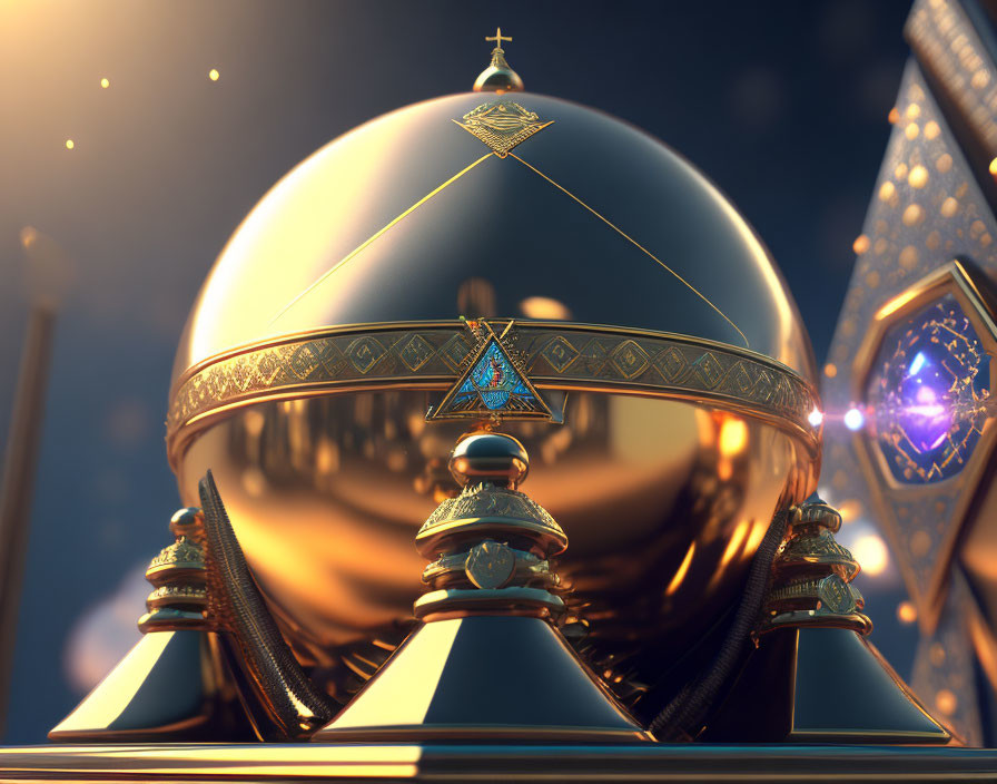 Futuristic golden sphere with intricate designs in twilight scene