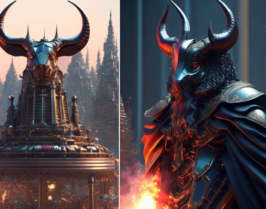 Ornate horned helmet and fiery armor split image