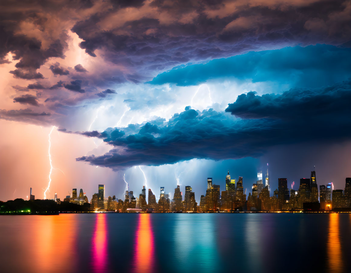 Dramatic thunderstorm over city skyline with lightning strikes and vibrant reflections