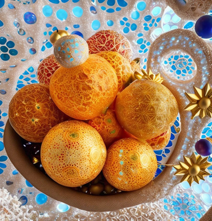 Intricately patterned ornate spheres in warm hues with celestial objects and blue bubbles.