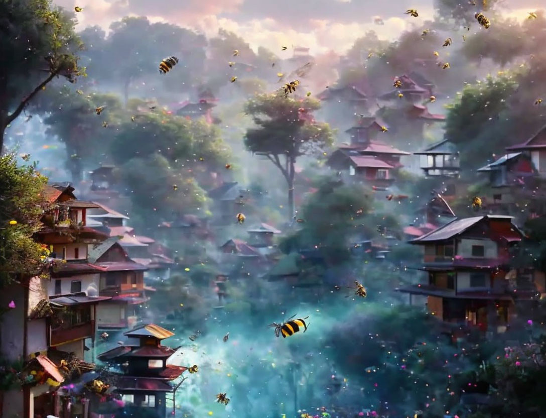 Whimsical multilevel village in mist with bees and petals under warm light