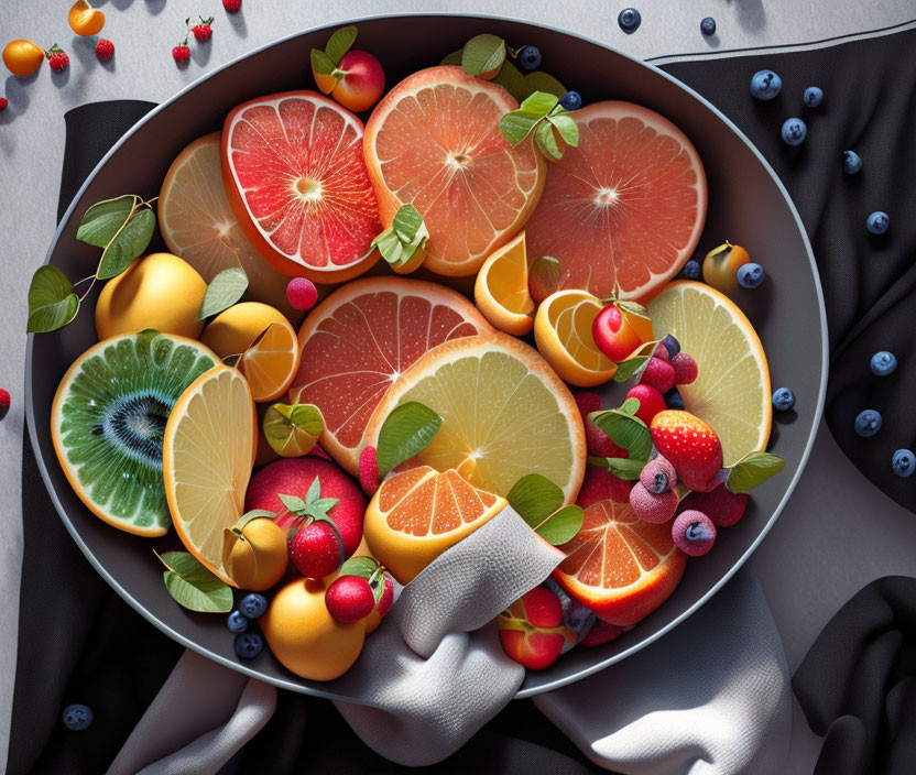 Colorful Fruit Bowl Arrangement with Citrus, Berries, and Kiwi