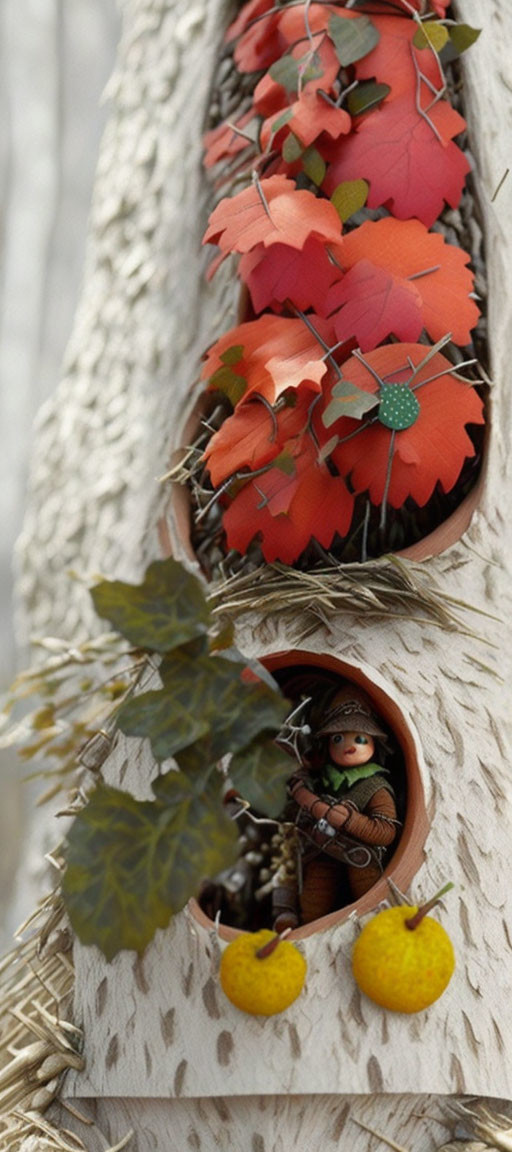 Whimsical tree sculpture with red leaves, hooded figure, and yellow fruits