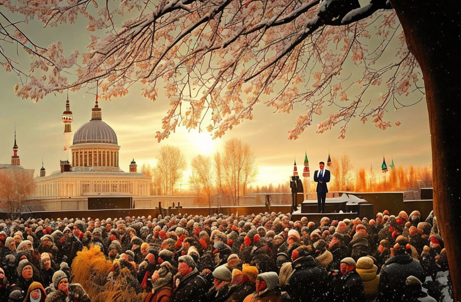 Crowd in Winter Attire Listens to Speaker Outdoors with Cherry Blossoms and Domed Building