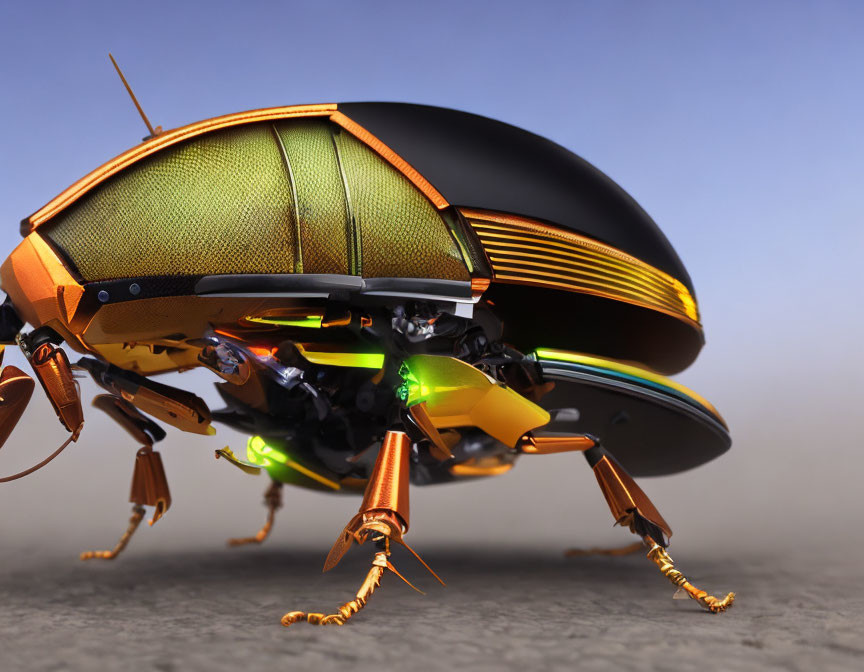 Detailed Artistic Rendering of Metallic Robotic Beetle in Green and Orange on Grey Background