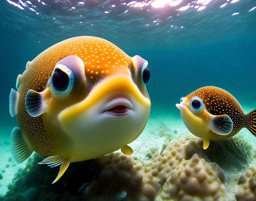 Vibrant Spotted Pufferfish Swimming in Coral Reef Scene