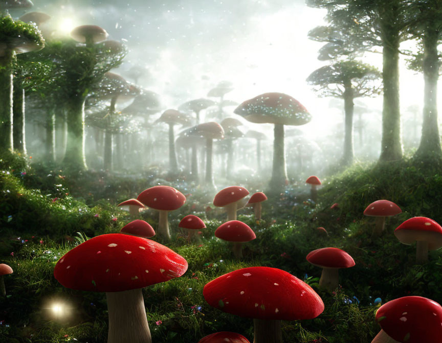 Fantastical forest scene with oversized red mushrooms and lush green trees