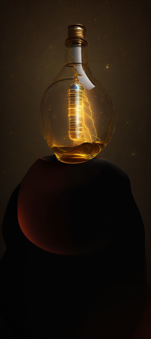 Oversized illuminated light bulb on reflective surface against starry backdrop