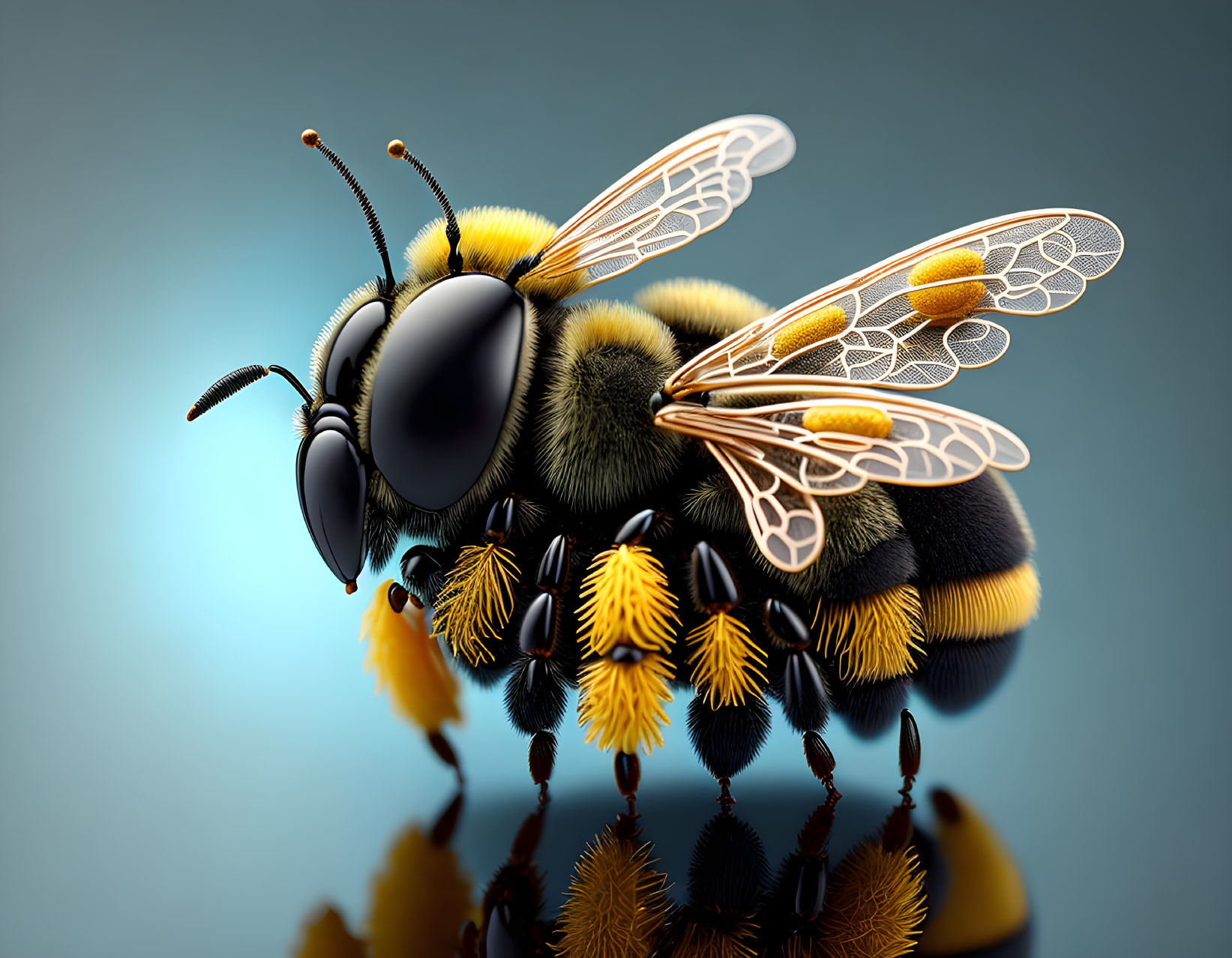 Detailed Close-Up of Bee in Flight with Transparent Wings and Pollen against Soft Blue Background