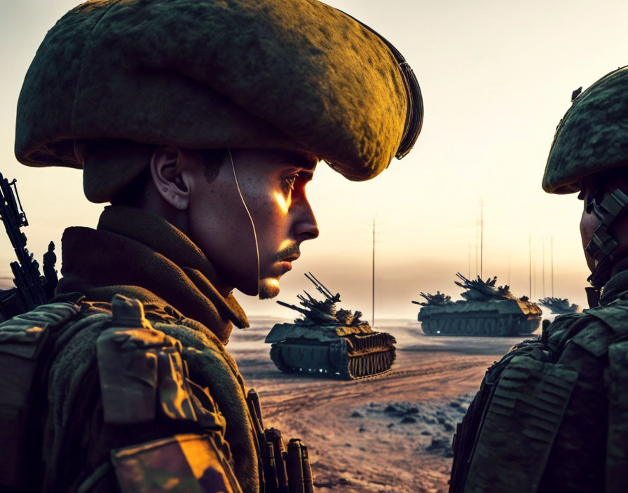 Military soldiers in berets with tanks on a dusty battlefield at dusk