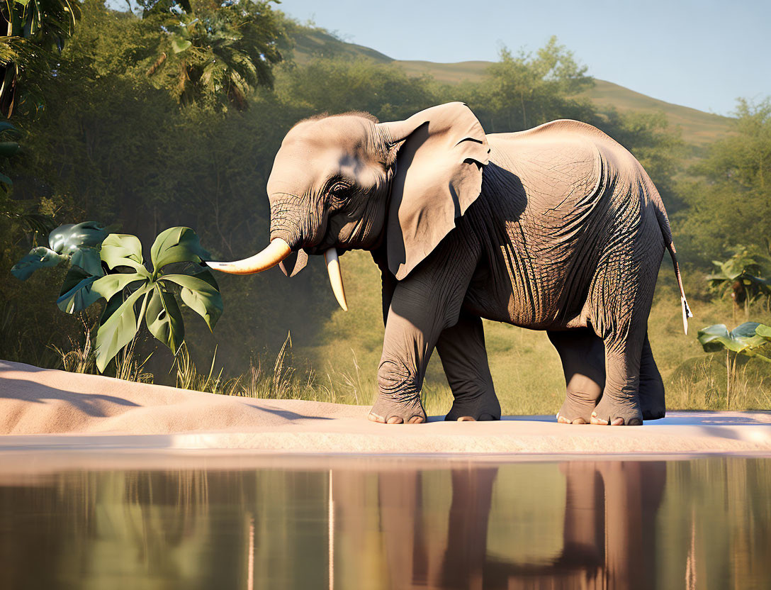 Elephant by Water's Edge in Serene Nature Scene