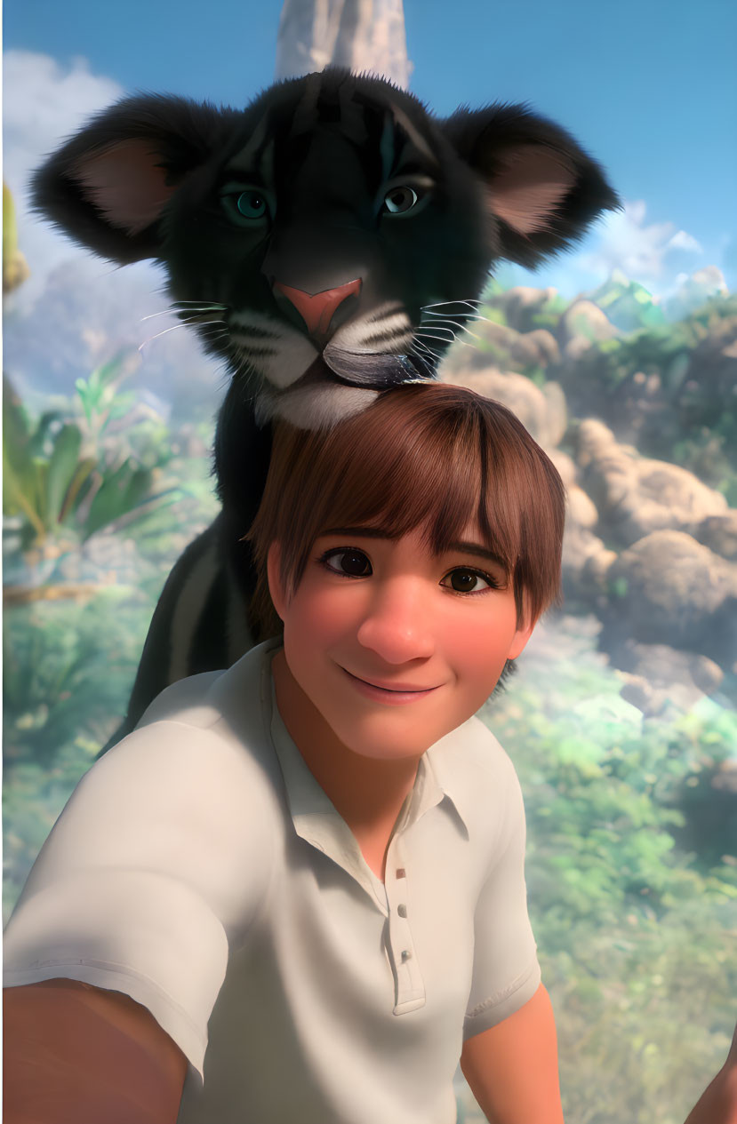 Smiling boy takes selfie with friendly panther in jungle