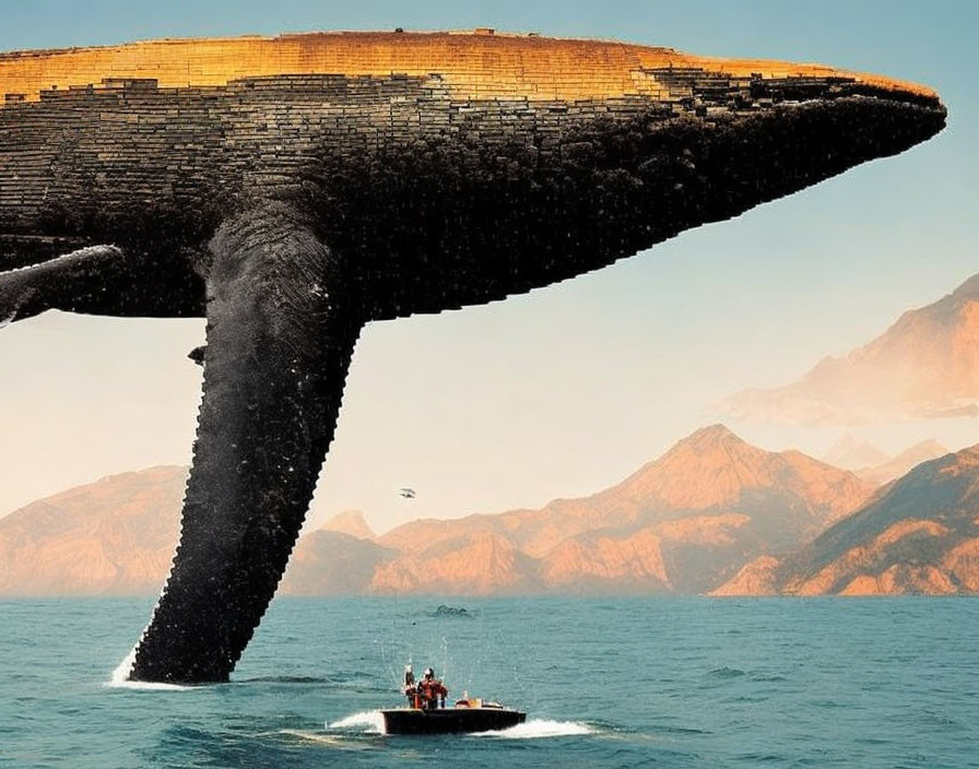 Surreal image of small boat, giant whale, and cityscape underside