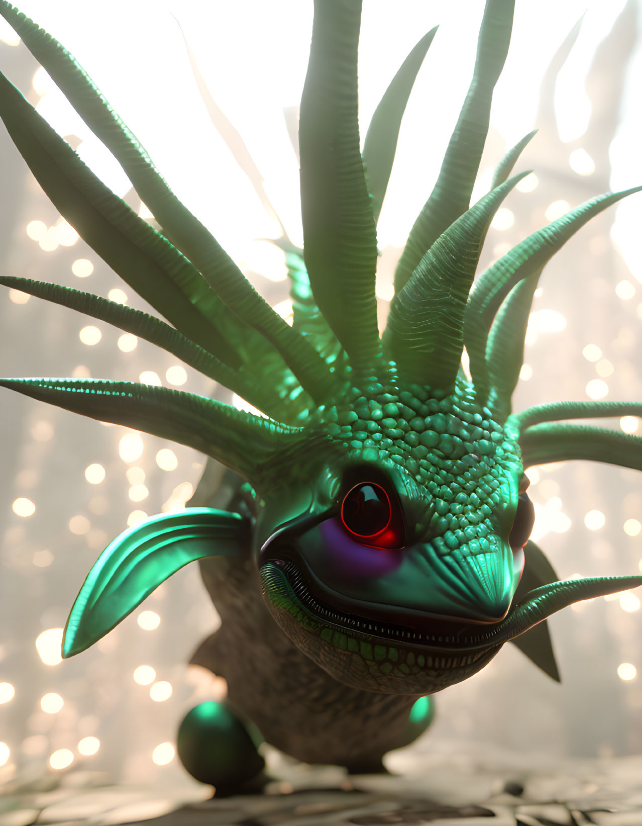 Fantastical green creature with luminous tendrils in 3D render