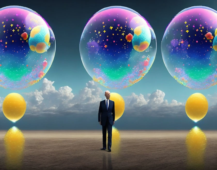 Bald Man Surrounded by Colorful Bubbles on Reflective Surface