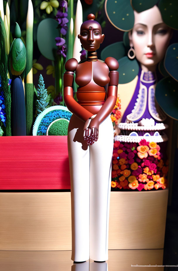 Copper-colored humanoid robot in futuristic attire against floral backdrop