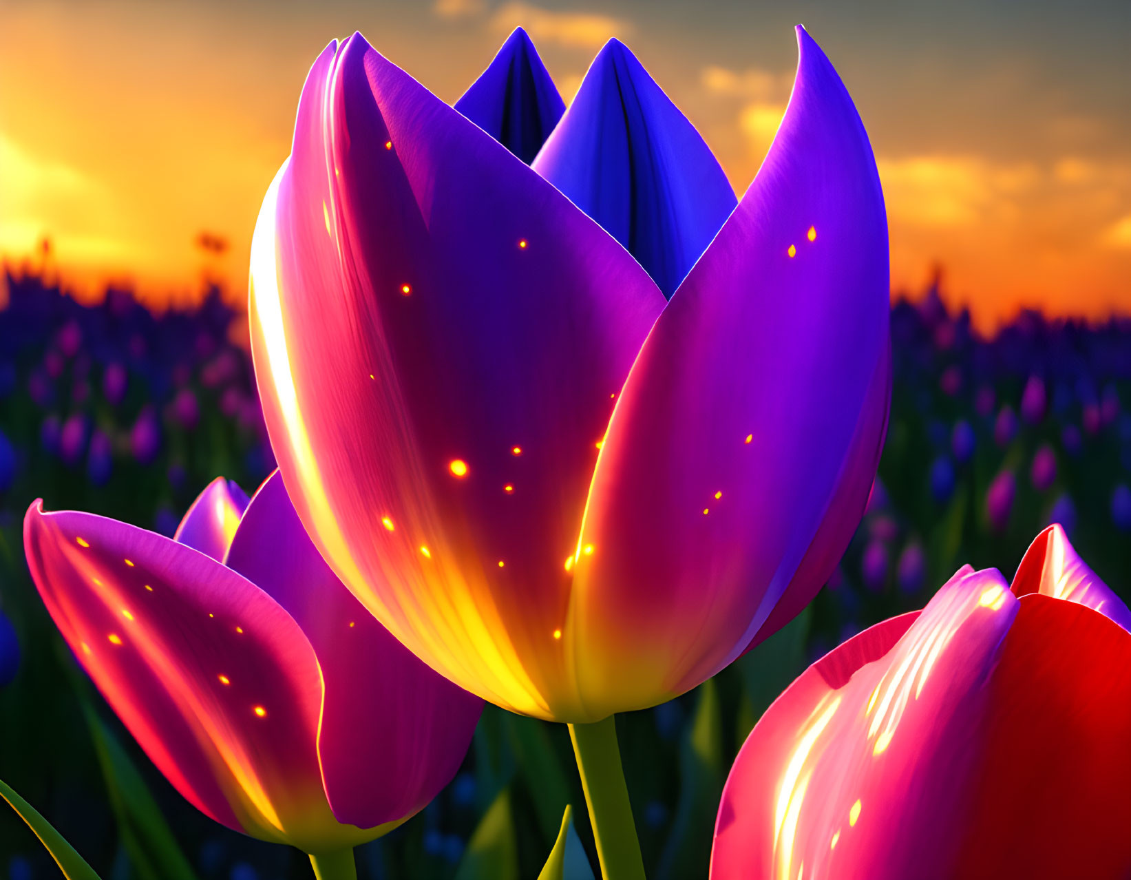 Close-up of vibrant tulip at sunset in field with colorful sky