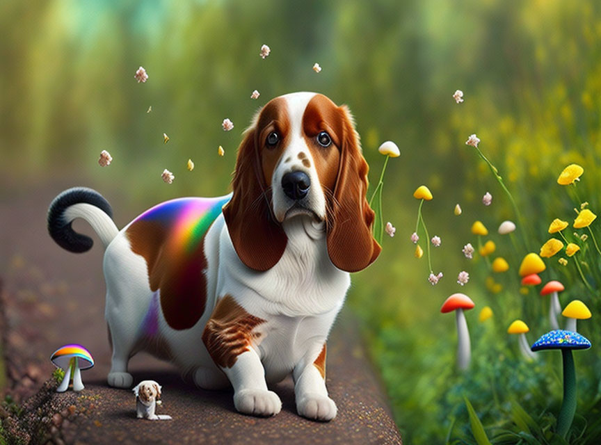 Brown and White Dog Surrounded by Flowers, Mushrooms, Butterflies, and Rainbow