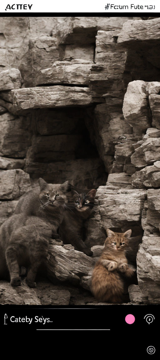 Three Cats with Different Fur Colors Sitting on Rocky Ledges