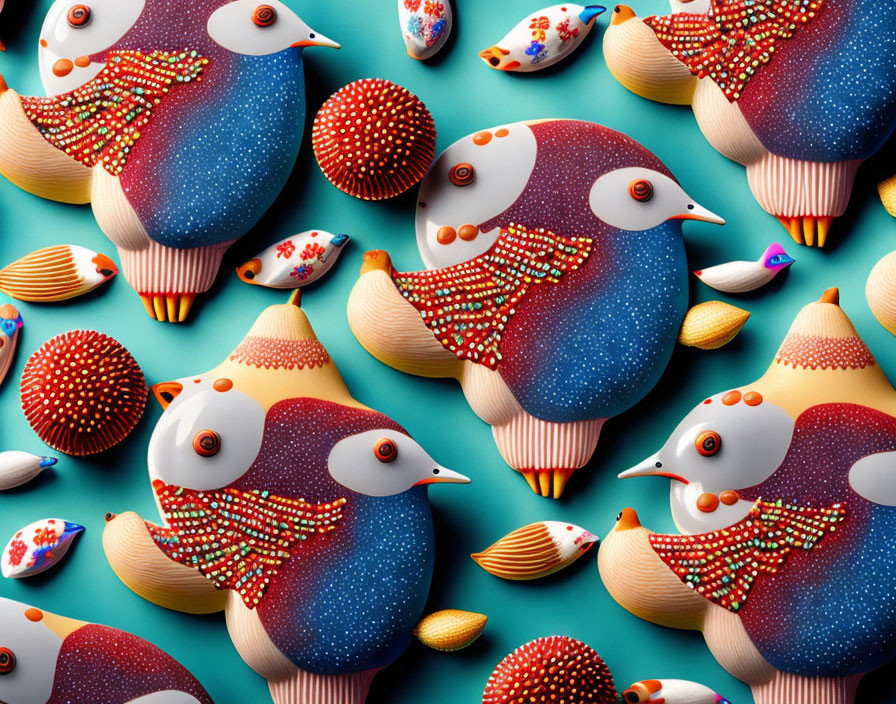 Assorted ceramic birds on teal background with intricate patterns