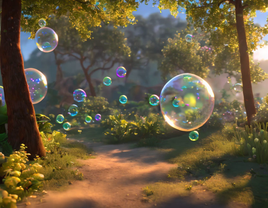 Sunset-lit forest path with iridescent bubbles among trees