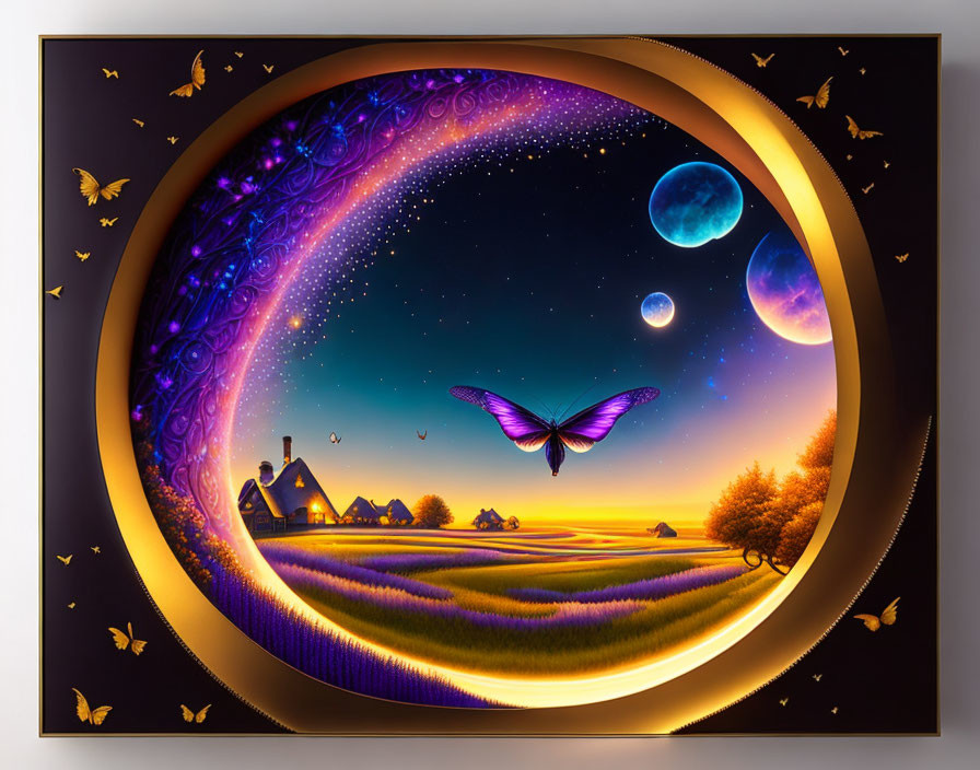 Colorful surreal landscape with lavender fields, village, butterflies, and cosmic sky.