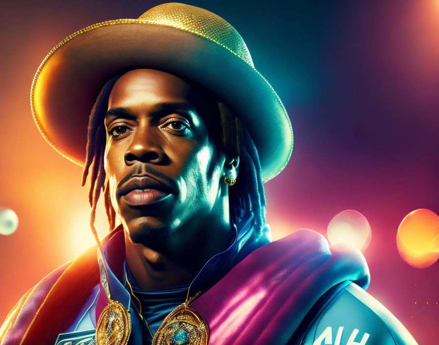 Serious man in gold hat and blue jacket amid vibrant, colorful lighting