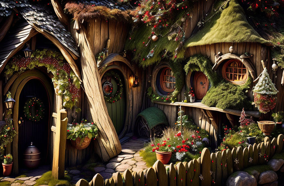 Whimsical hobbit-style houses with Christmas decorations in lush garden setting