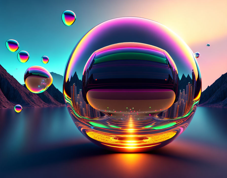 Colorful digital artwork: glossy bubbles, mirrored surface, surreal landscape