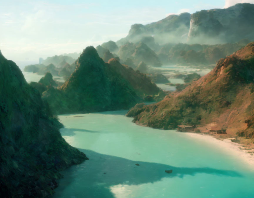 Misty landscape with green river, rocky terrain, lush greenery, and waterfalls