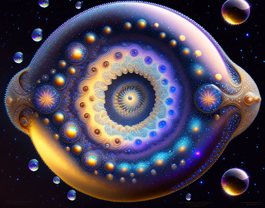 Colorful fractal digital art with swirling patterns and floating spheres on starry background