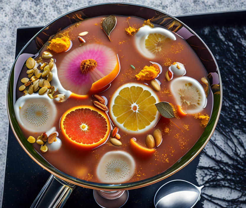 Festive fruit punch bowl with garnishes on speckled surface