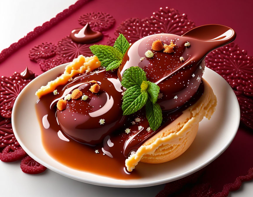 Vanilla Ice Cream with Chocolate Sauce, Mint Leaves, and Nuts on White Plate