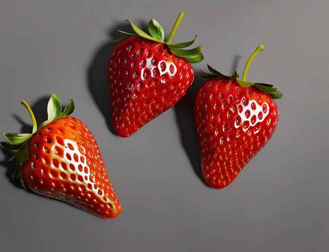 Vibrant ripe strawberries with green stems on gray background